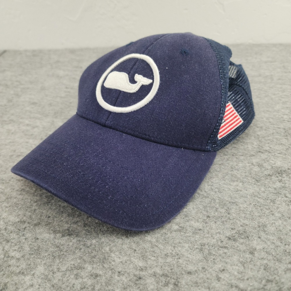 Vineyard Vines Navy Blue Whale Logo Mesh Trucker Snapback Hat USA Flag Mens OS